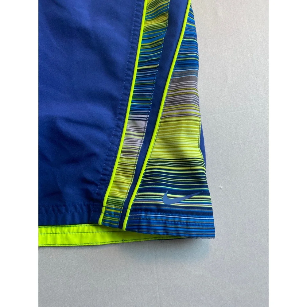 Nike Mens Royal Blue Neon Yellow Striped Swim Trunks Mesh Lined Board Shorts M